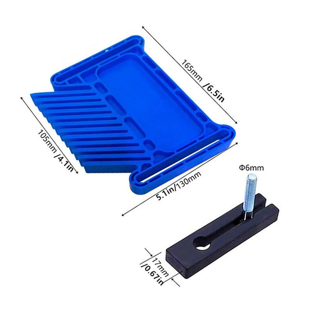 Blue featherboard plate with comb teeth plus mounting bar and threaded bolt