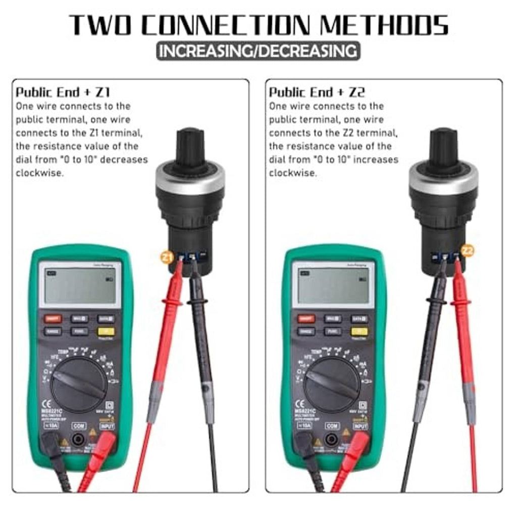 Two wiring connection methods for rotary speed potentiometer shown with test leads