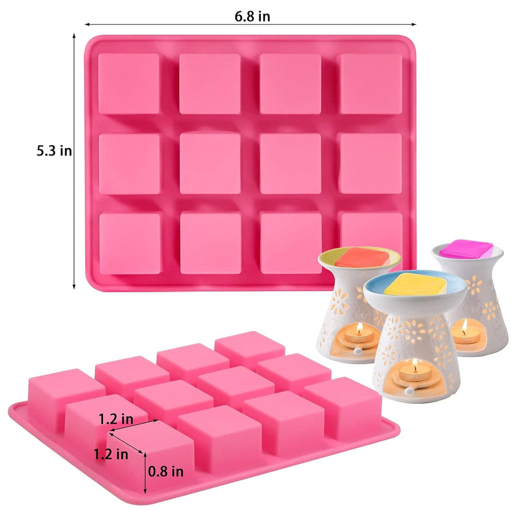 Silicone wax melts mold set with pink square 12-cavity tray, size callouts visible
