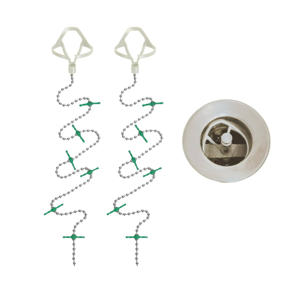 Disposable white bathtub drain hair catcher pair with flexible metal chain and green whiskers