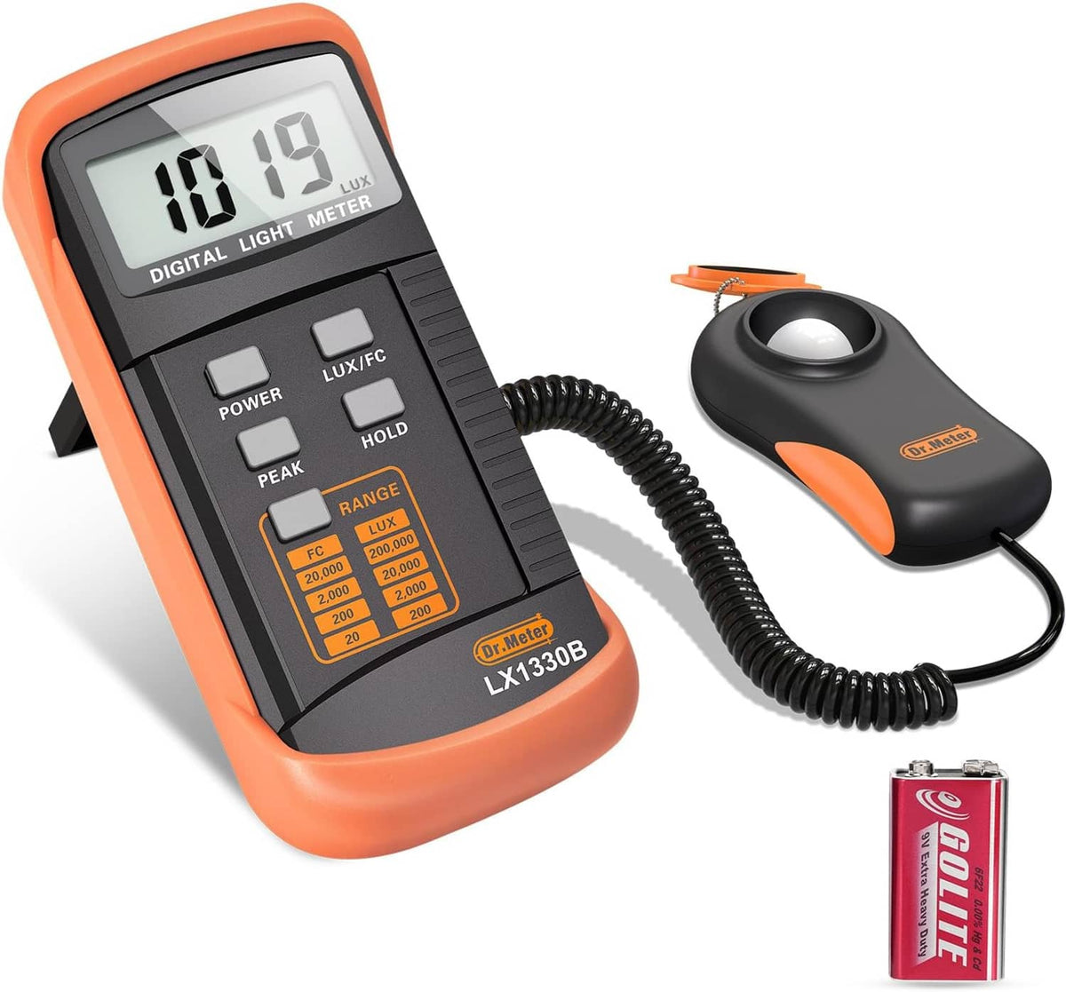 Digital lux light meter with coiled probe and included 9V battery