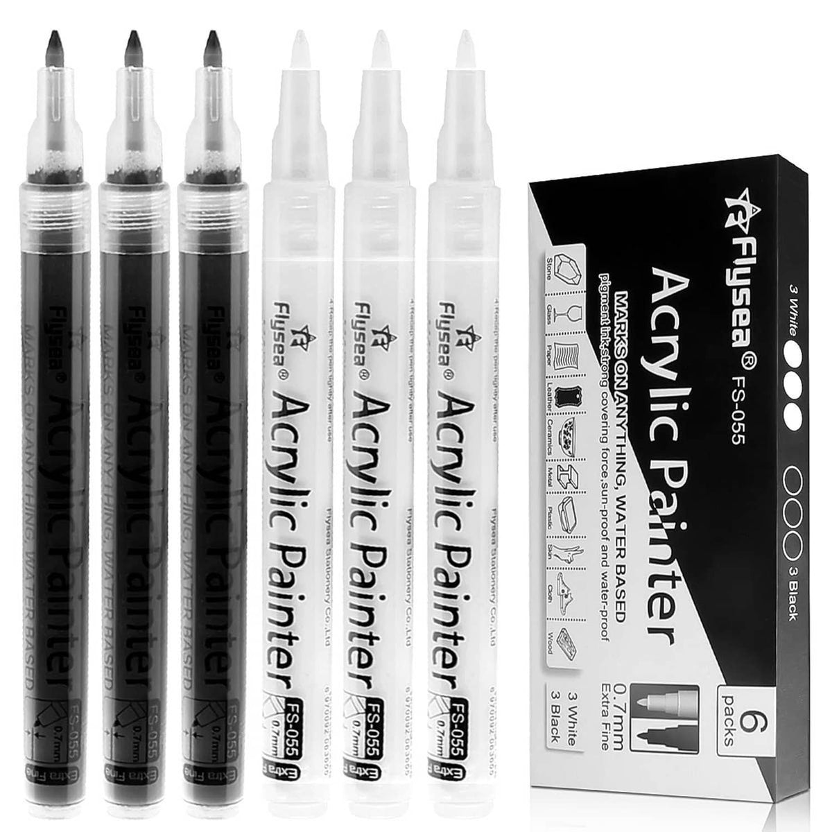 Acrylic paint pen set with black and white tips, six markers in the box