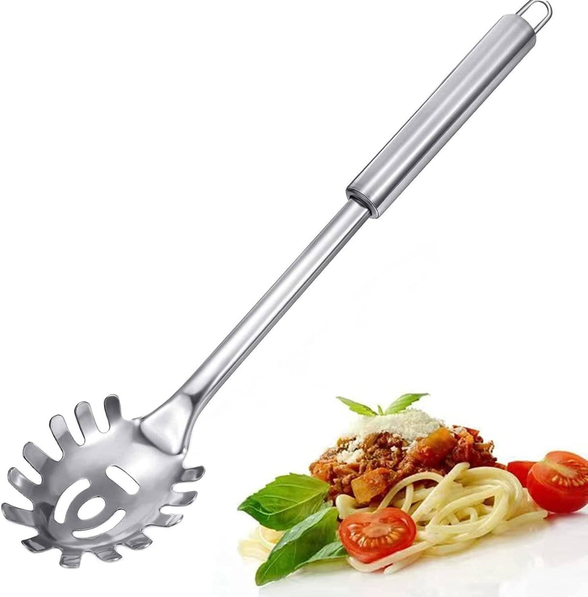 Stainless steel spaghetti server with spoked disk head and long handle
