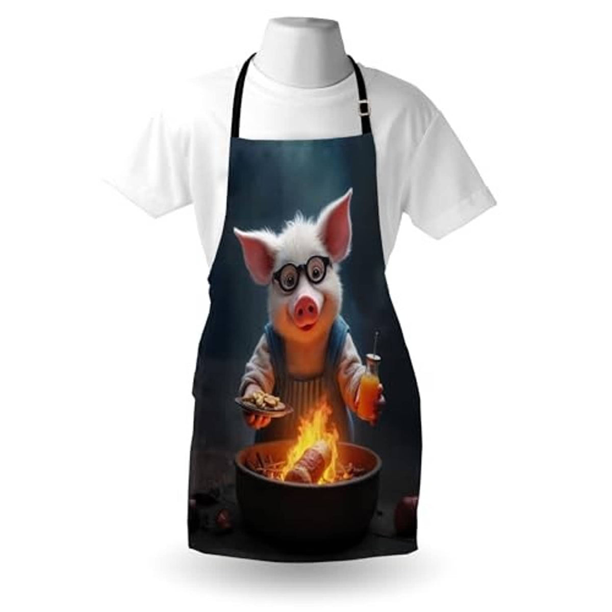 Pig grilling print apron worn over white shirt, dark blue apron with black neck strap