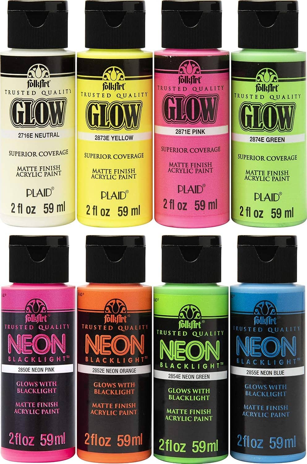Neon glow acrylic paint set bottles assortment, matte finish, multiple blacklight colors