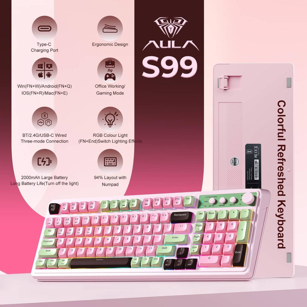 RGB wireless gaming keyboard with pastel pink and green keycaps, white case, and black switches