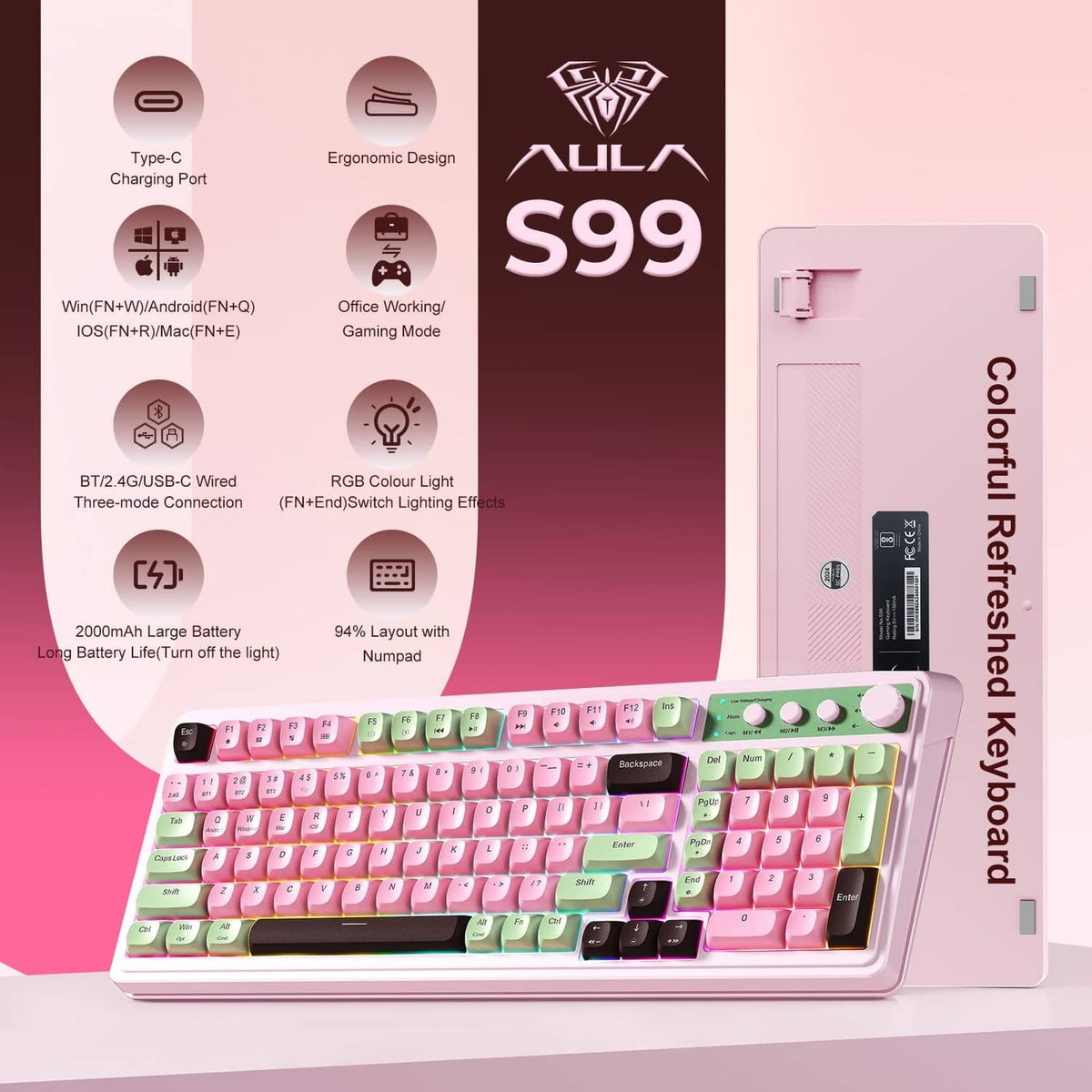 RGB wireless gaming keyboard with pastel pink and green keycaps, white case, and black switches