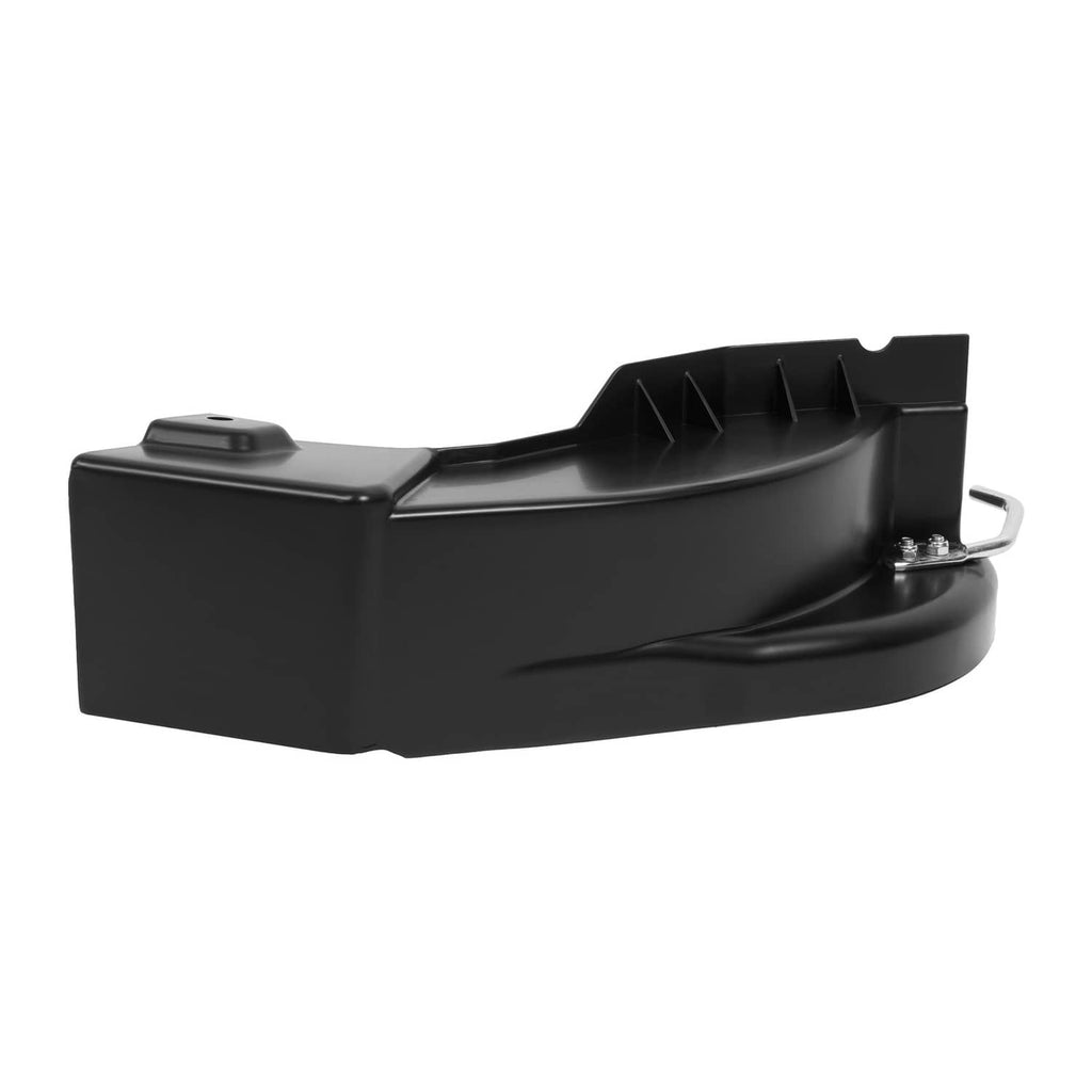 Black mulch plug chute with metal latch lever and side ribs, mower deck accessory