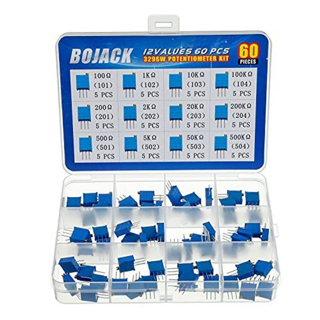 BOJACK 12-values multiturn potentiometer kit with open blue organizer and resistors