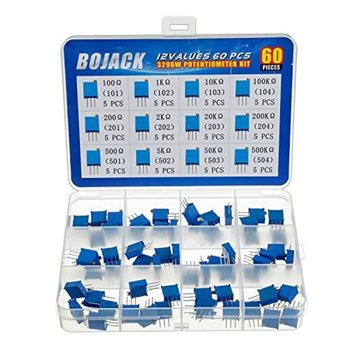 BOJACK 12-values multiturn potentiometer kit with open blue organizer and resistors