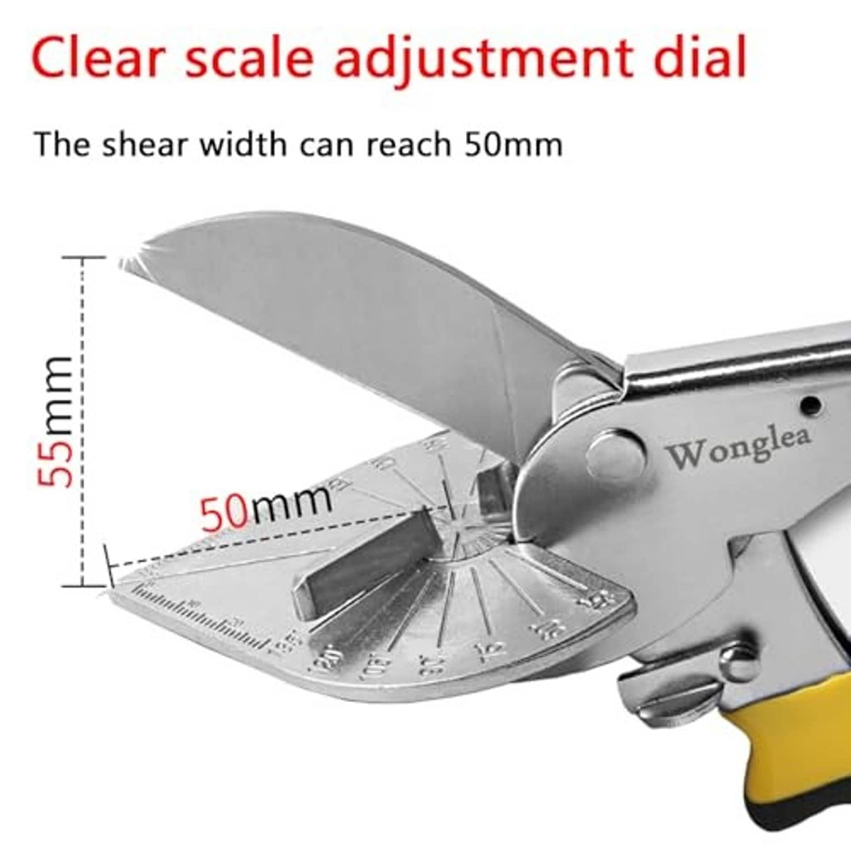 Miter shear with metal blade and clear adjustment scale dial for precise quarter cuts