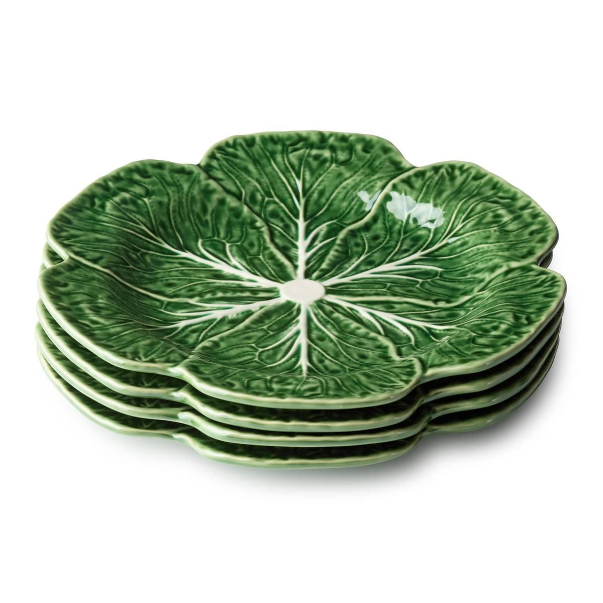 Green cabbage-design dinner plates, set of four; white veining on glossy green.