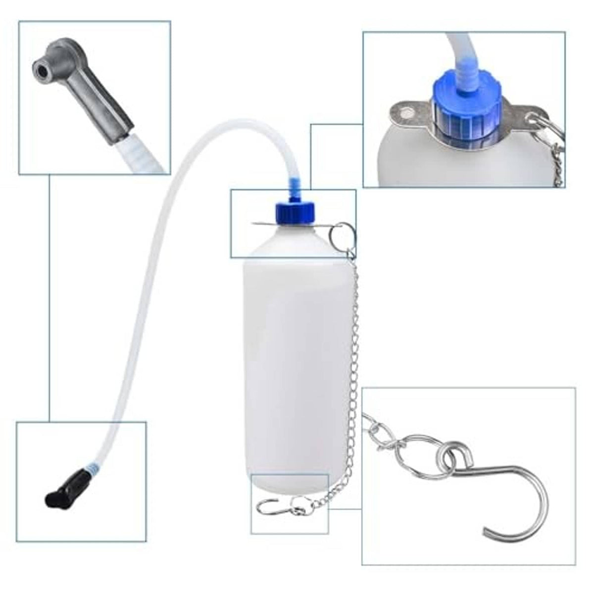 Brake bleeder fluid pump kit with white tank, blue top and connected hoses