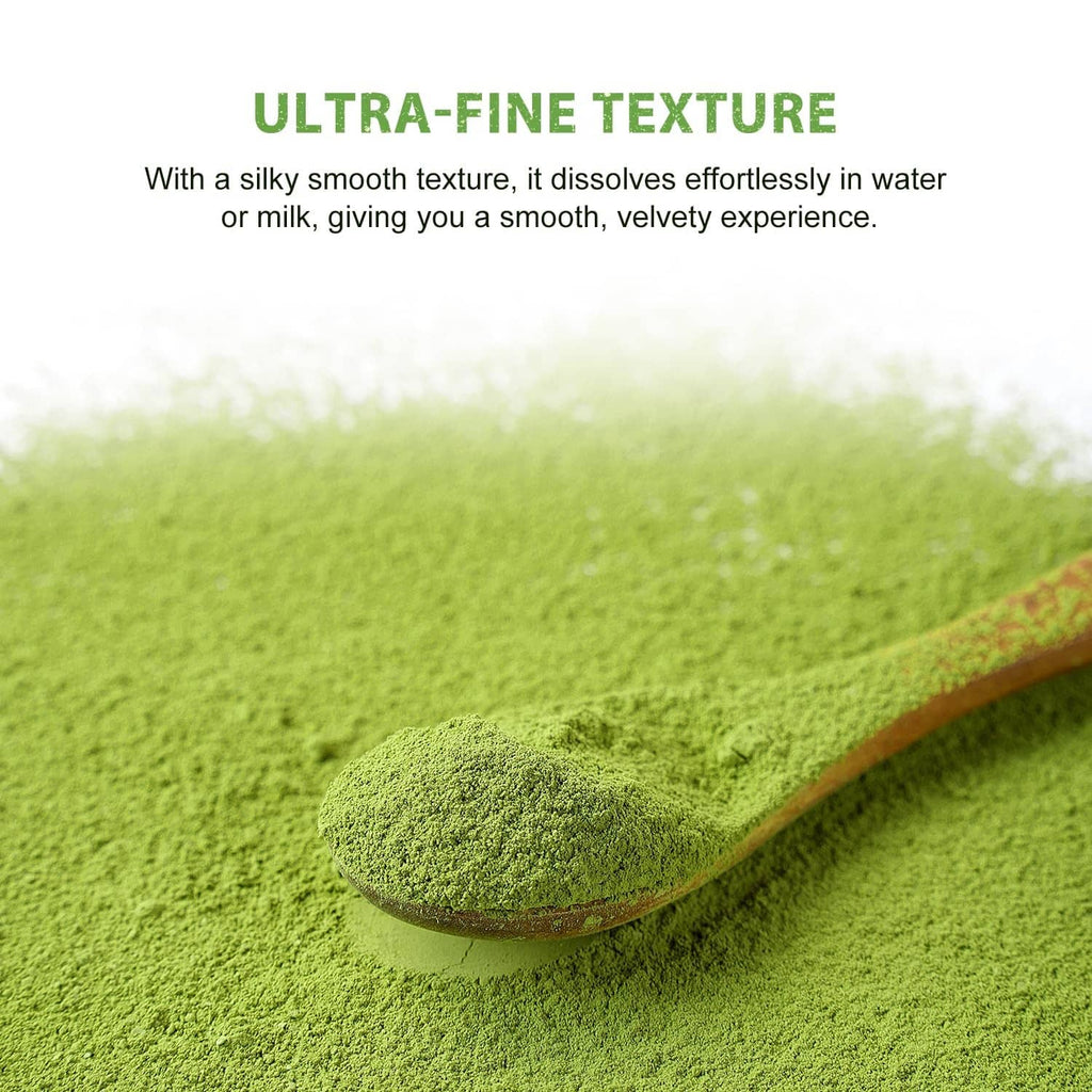 Spoonful of fine green matcha powder with textured mound