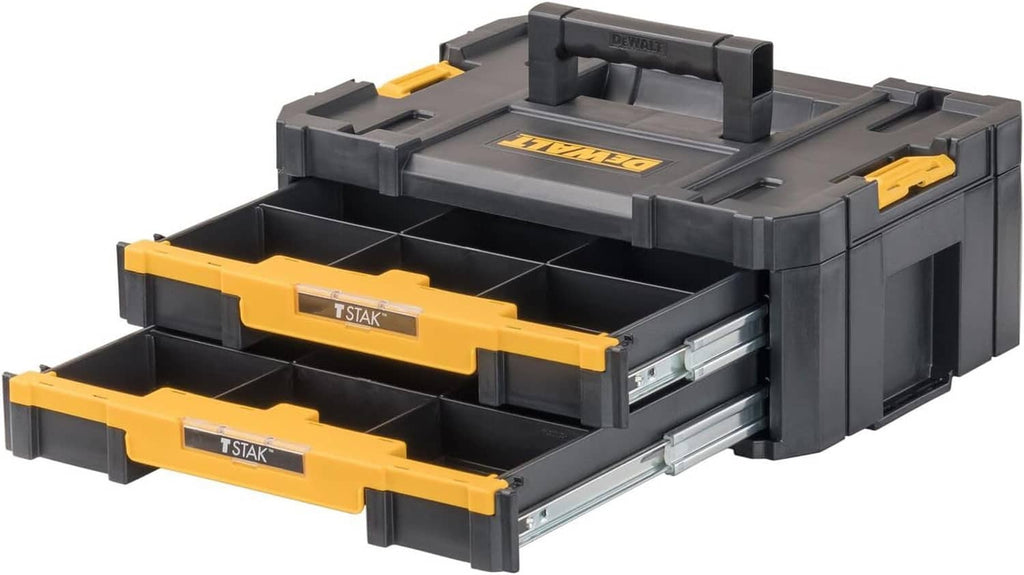 DEWALT TSTAK tool organizer with open drawers and inner compartments, gray and yellow