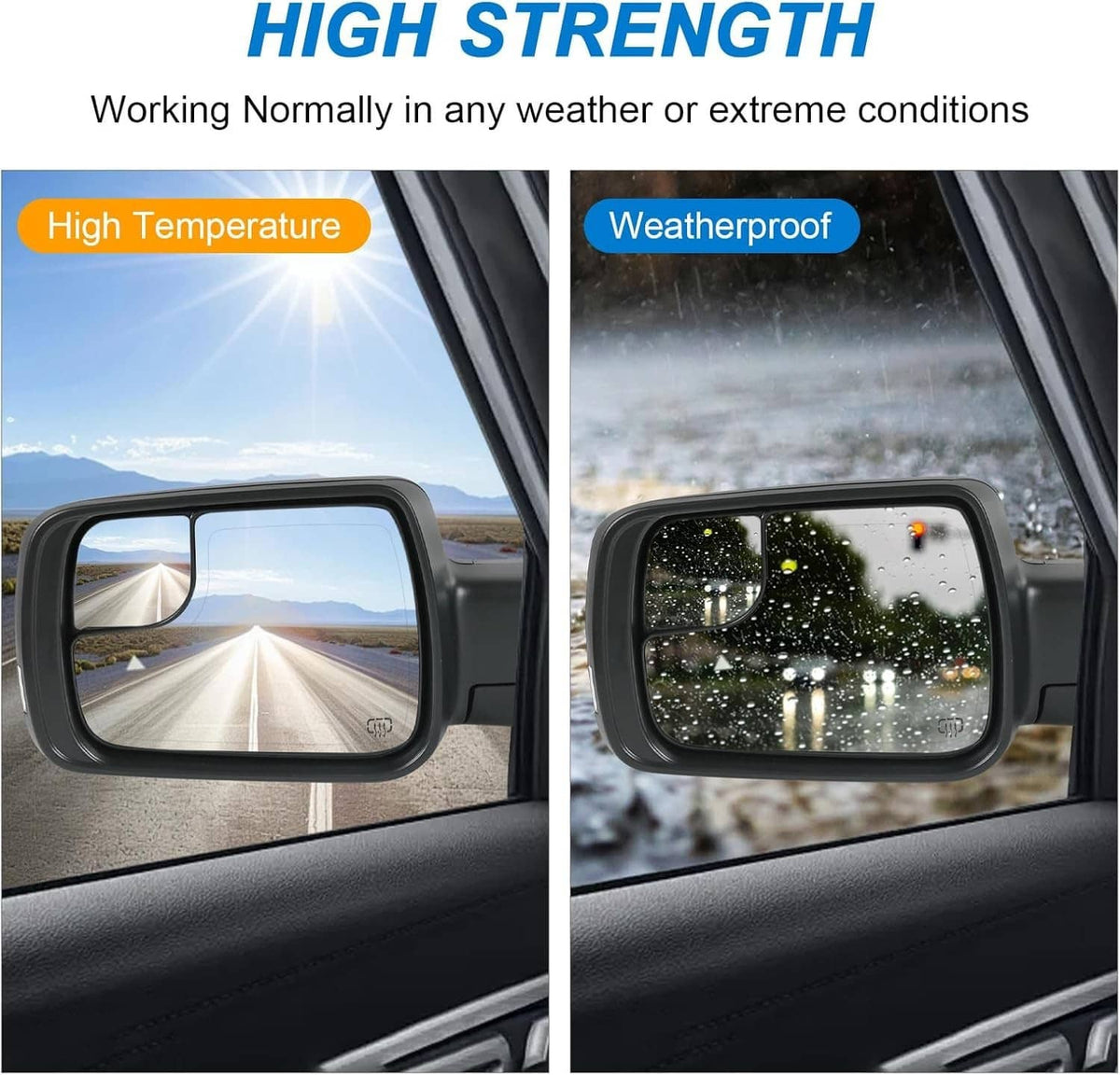 Left driver side heated mirror, clear glass with rain droplets, black frame