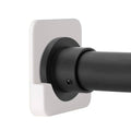 Wall-mounted shower curtain rod holder with dark support plate and mounting screw