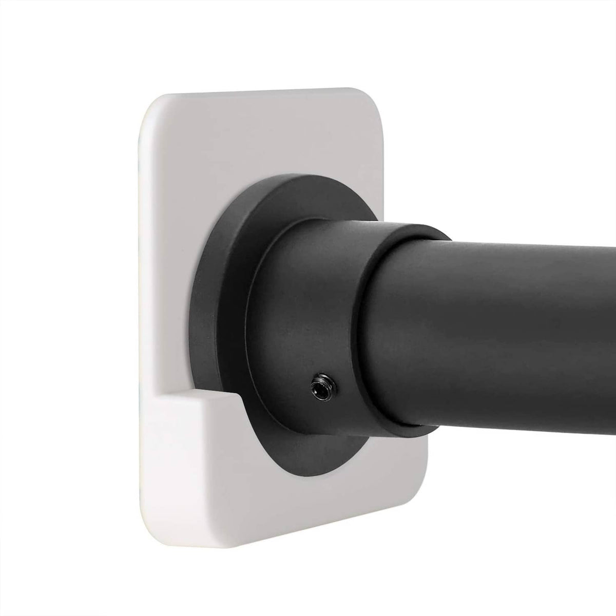 Wall-mounted shower curtain rod holder with dark support plate and mounting screw