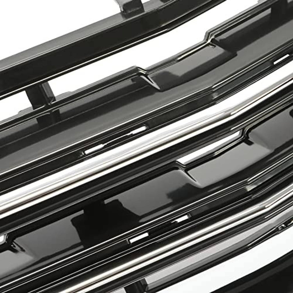 Front lower grille insert with black mesh and chrome-trimmed horizontal bars