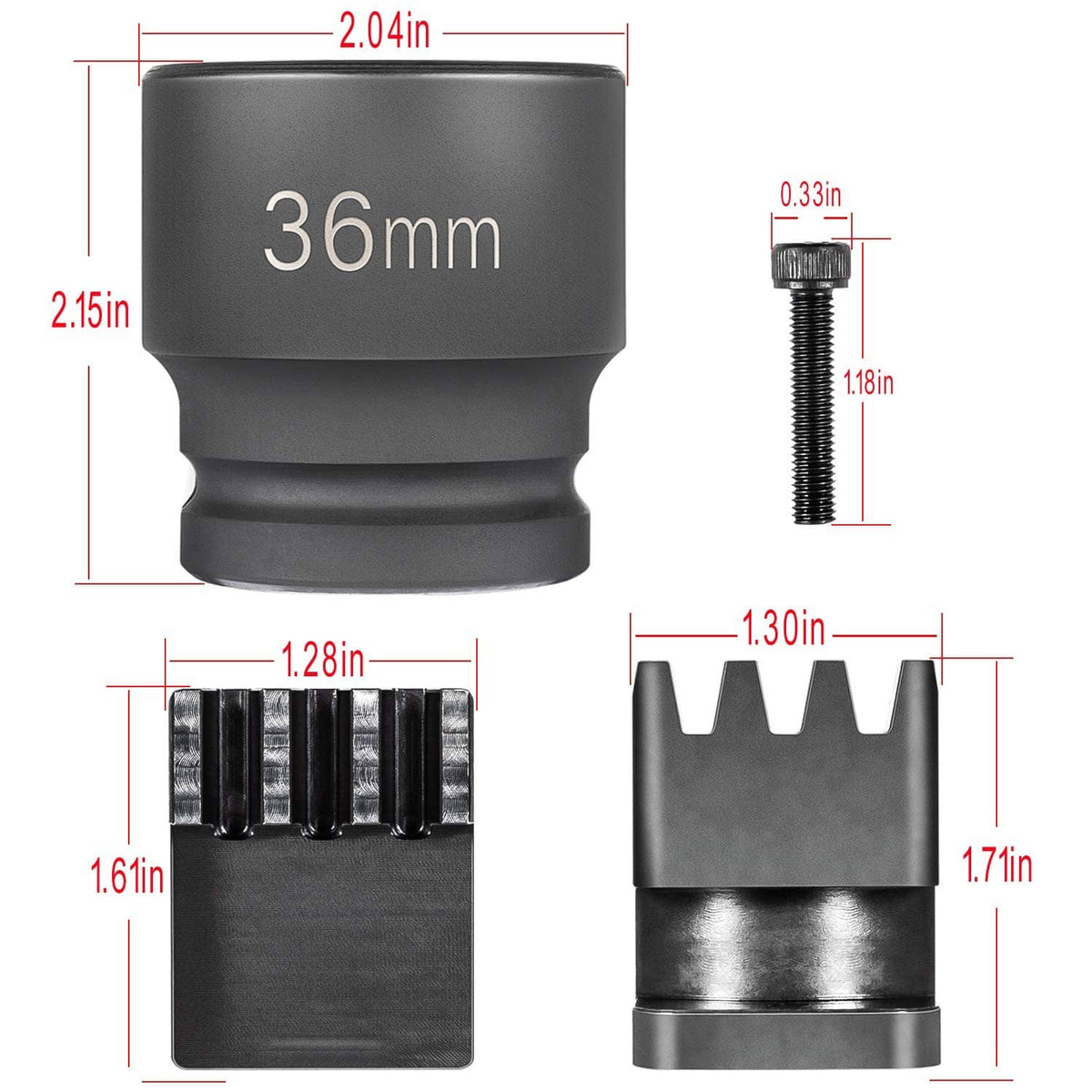 36mm socket and threaded bolt size diagram with measurement markings