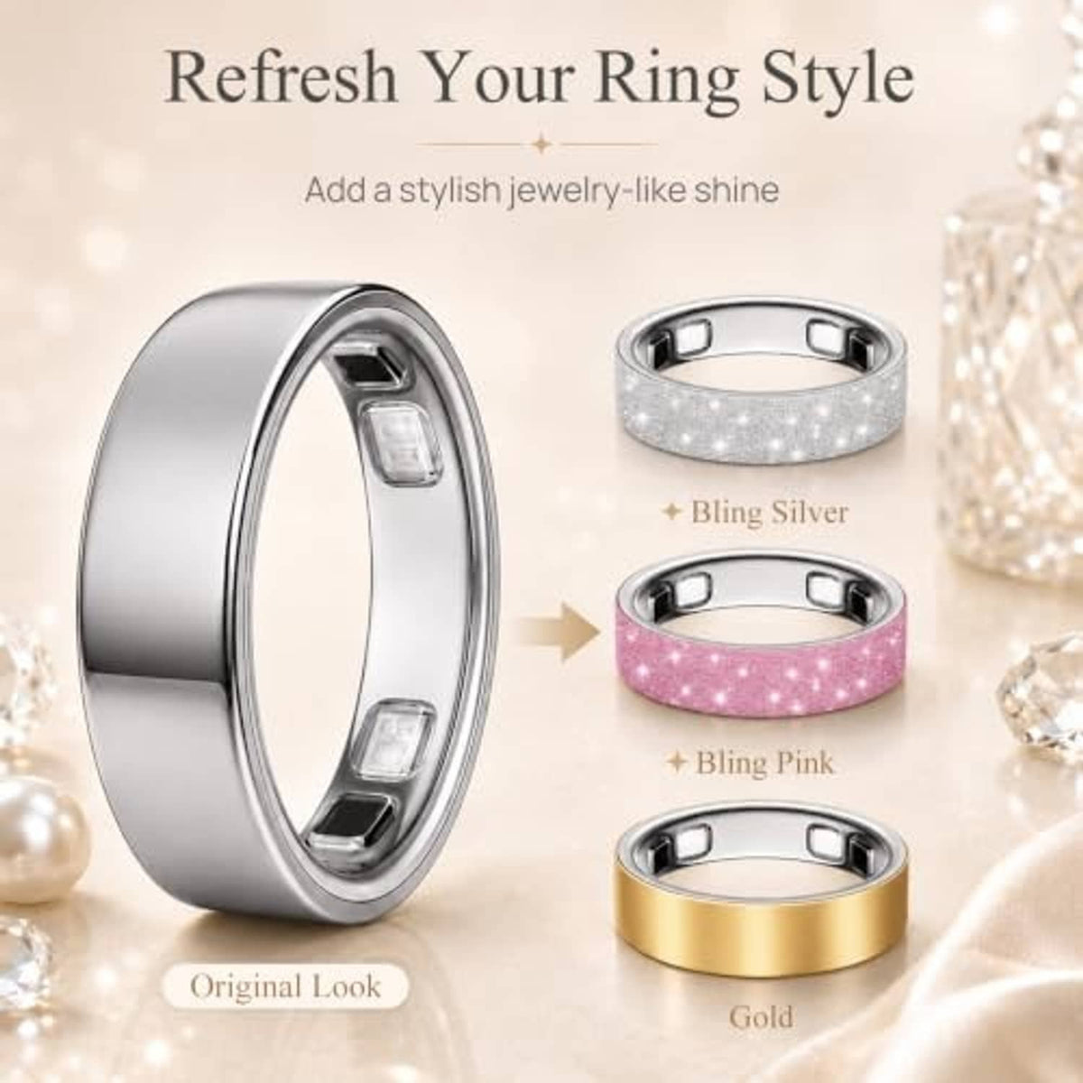 Ultra-thin bling silver ring skin cover for Oura Ring Gen 5, size 10, shiny silver band