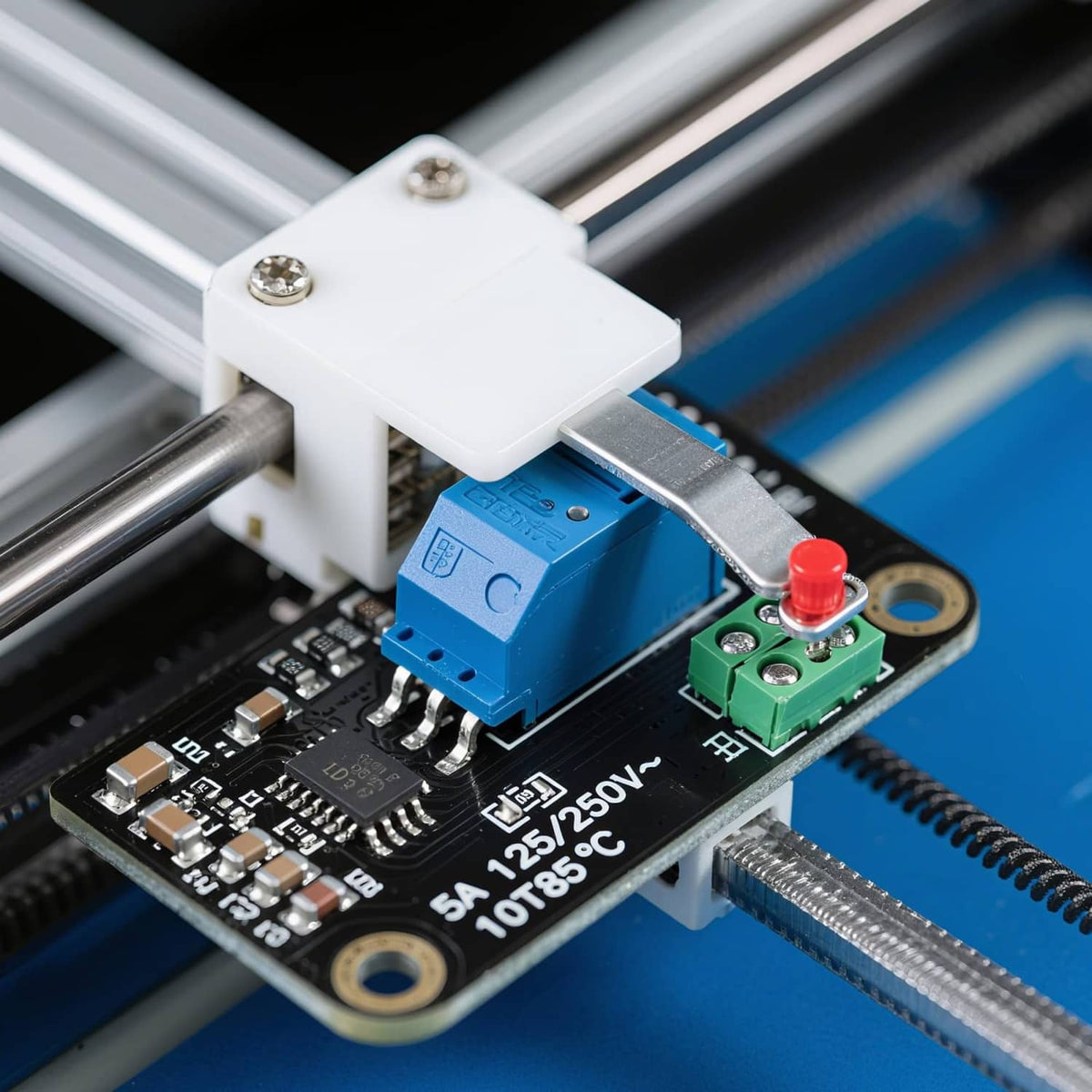 Micro limit switch on PCB: teal hinge lever, blue body, pins and green terminal