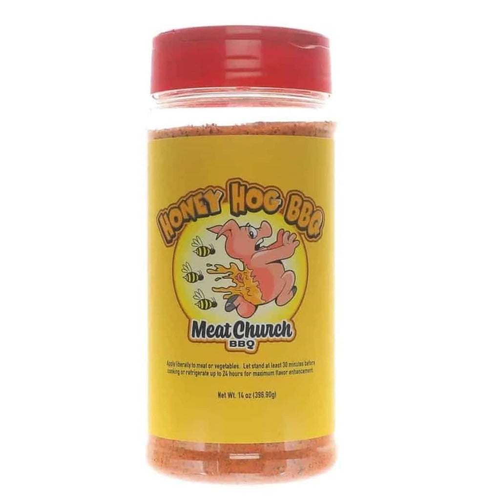 BBQ spice rub bottle with yellow label, red cap, and "Honey Hog BBQ" artwork