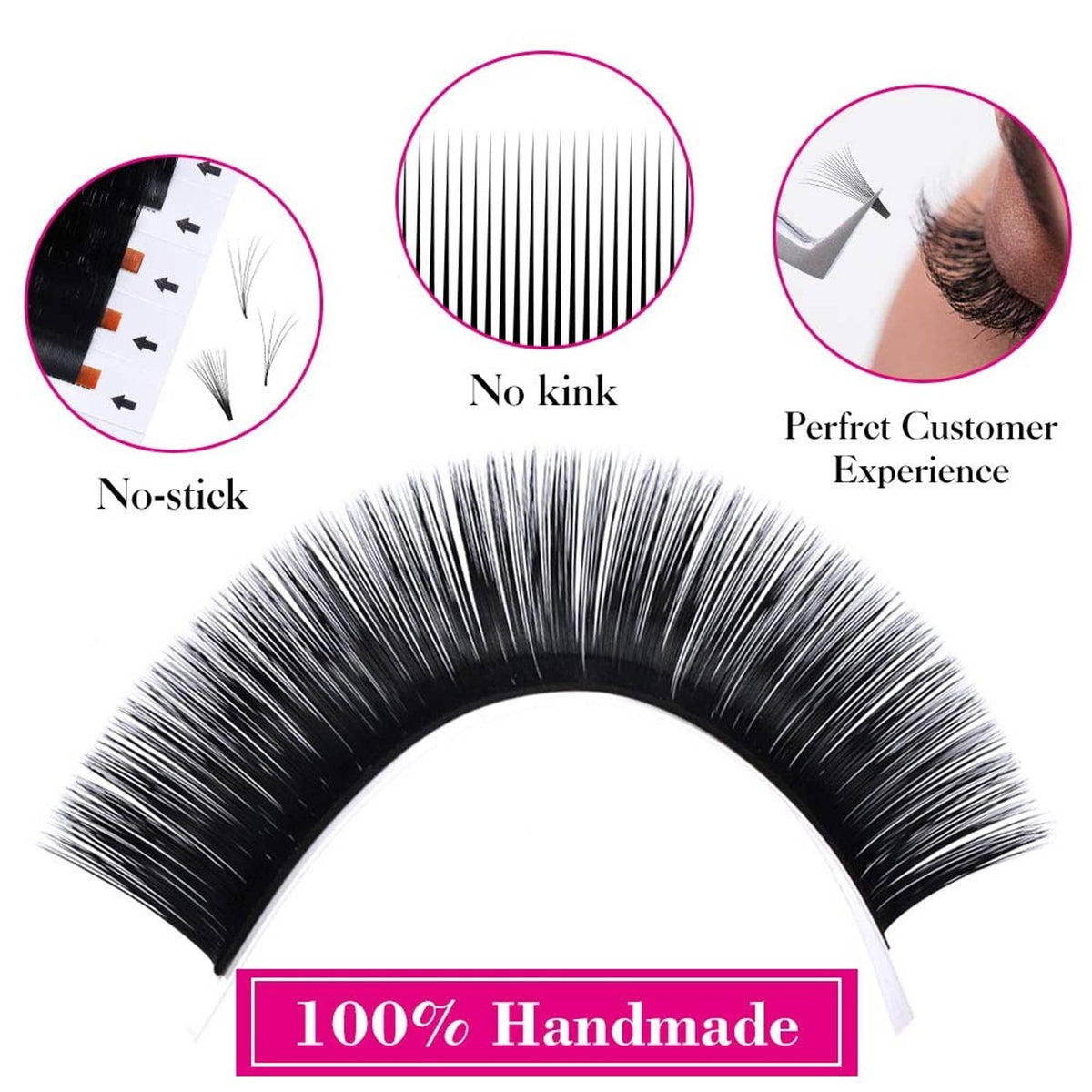 Curved lash fan band with dense fine black fibers and an arched shape
