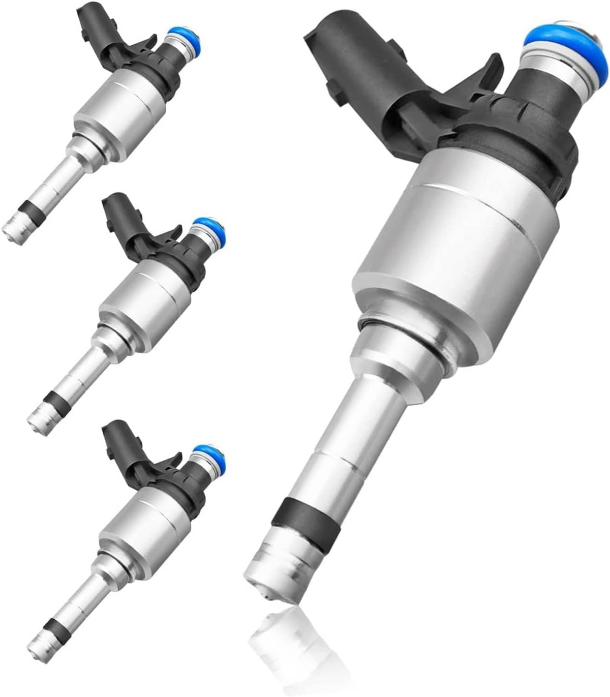 Set of four fuel injectors with blue seals and silver metal bodies.