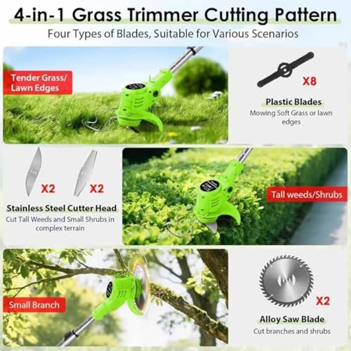 Green multi-blade grass trimmer cutting head with wheel base and accessory blades