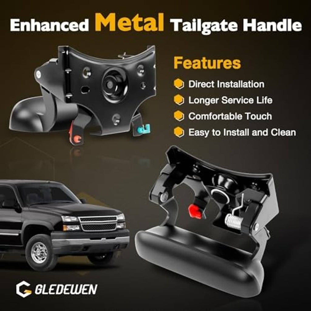 Black metal tailgate handle with backup camera assembly and wiring