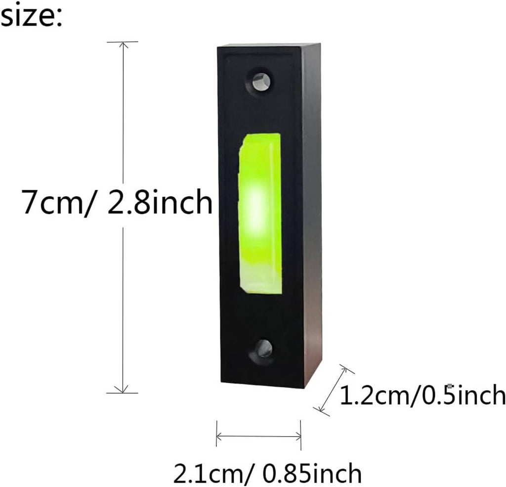 Black wired doorbell button with glowing green LED strip, coiled metal wire; size diagram