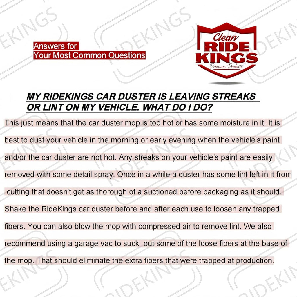 Car duster streak and lint prevention instructions page with Ride Kings logo