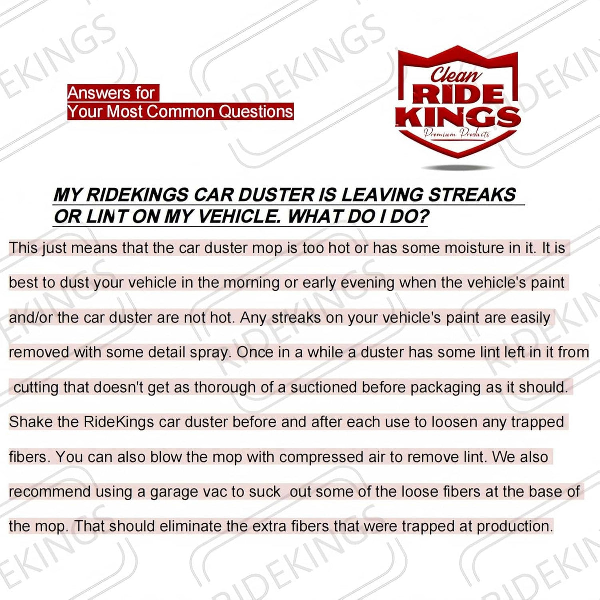 Car duster streak and lint prevention instructions page with Ride Kings logo