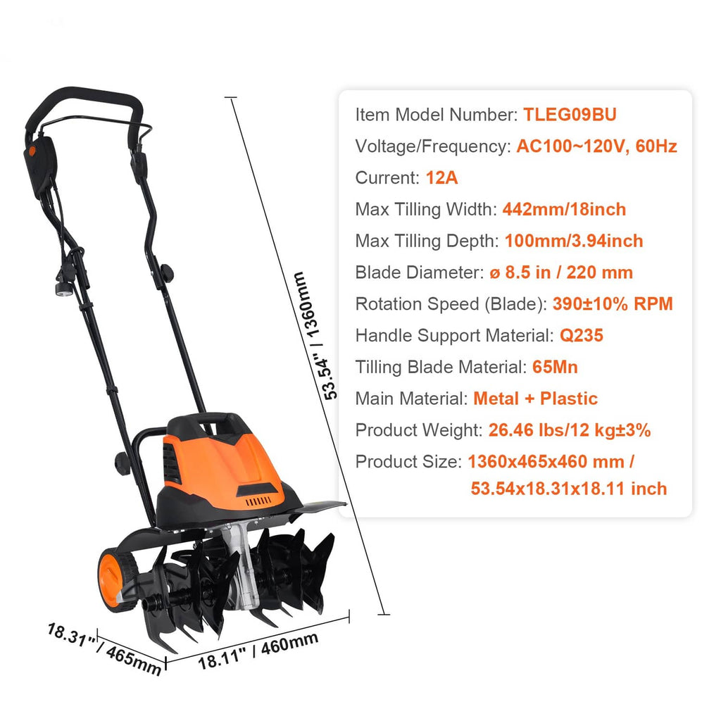 Orange corded electric tiller shown with handle frame, front wheel, and tine blades