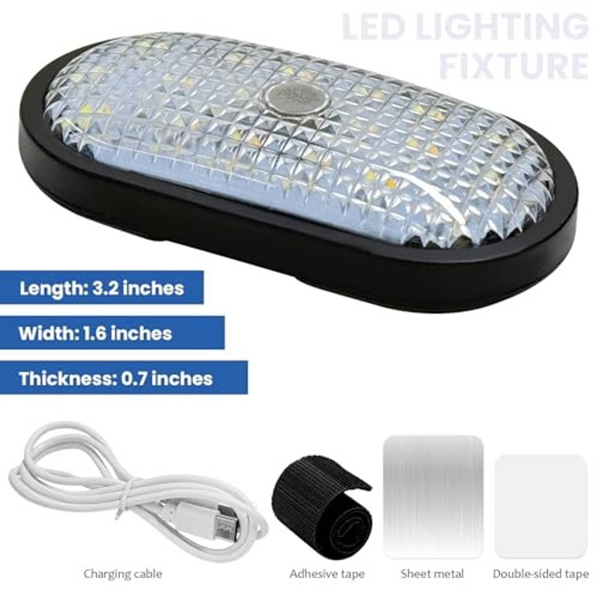 Compact oval LED dome light with black housing, clear top LED array, and included accessories