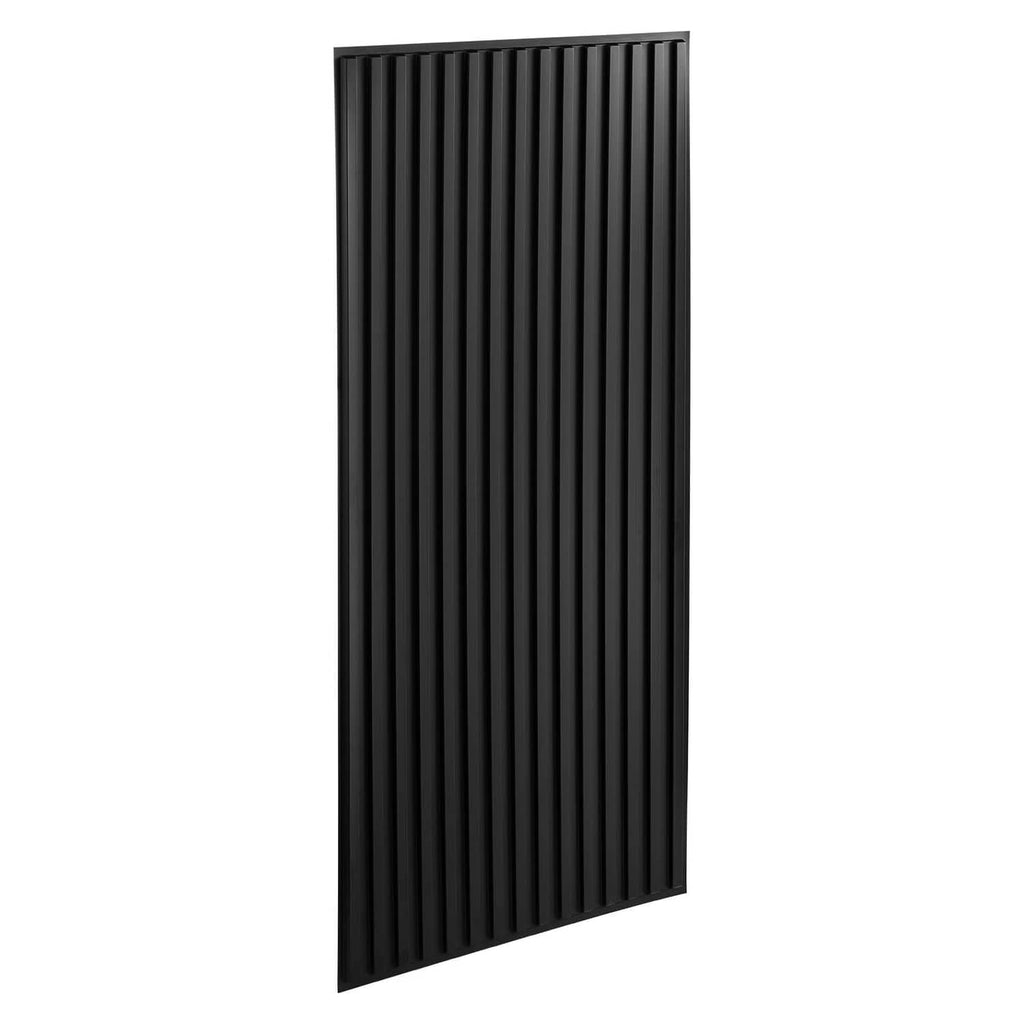Black linear 3D PVC ceiling tile panel with vertical ridges, angled view, 24x48 in