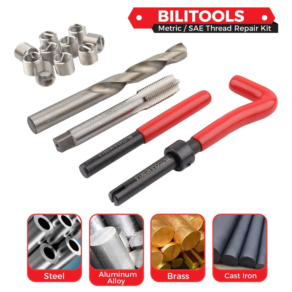 Thread repair kit tools with HSS drill bits, steel threaded inserts, and red/black handles