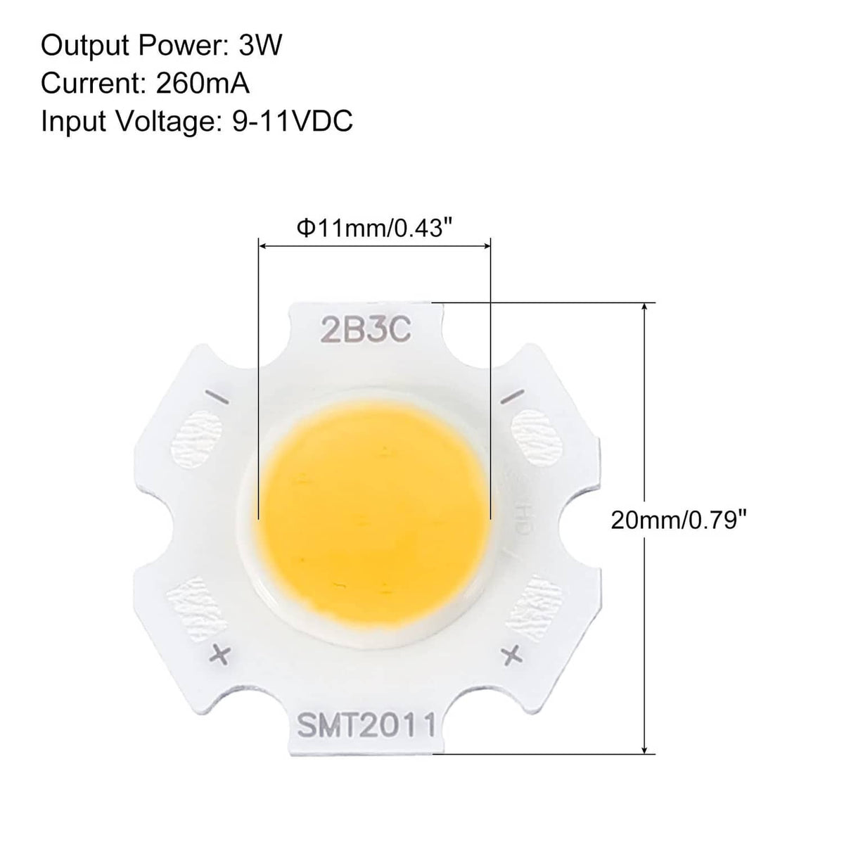 20mm warm white LED COB chip, yellow lens on white board with 11mm diameter