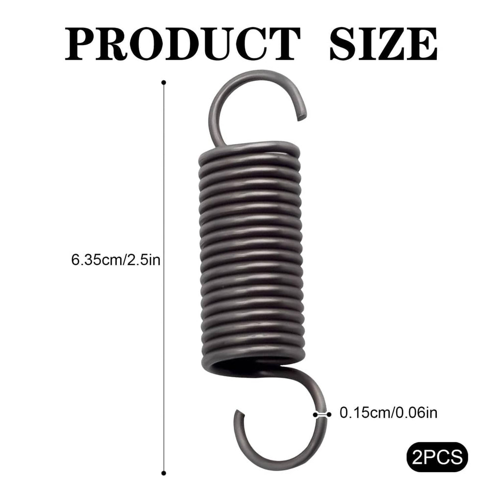 2.5 in short hook tension coil spring, dark gray metal, with curved U-shaped eye