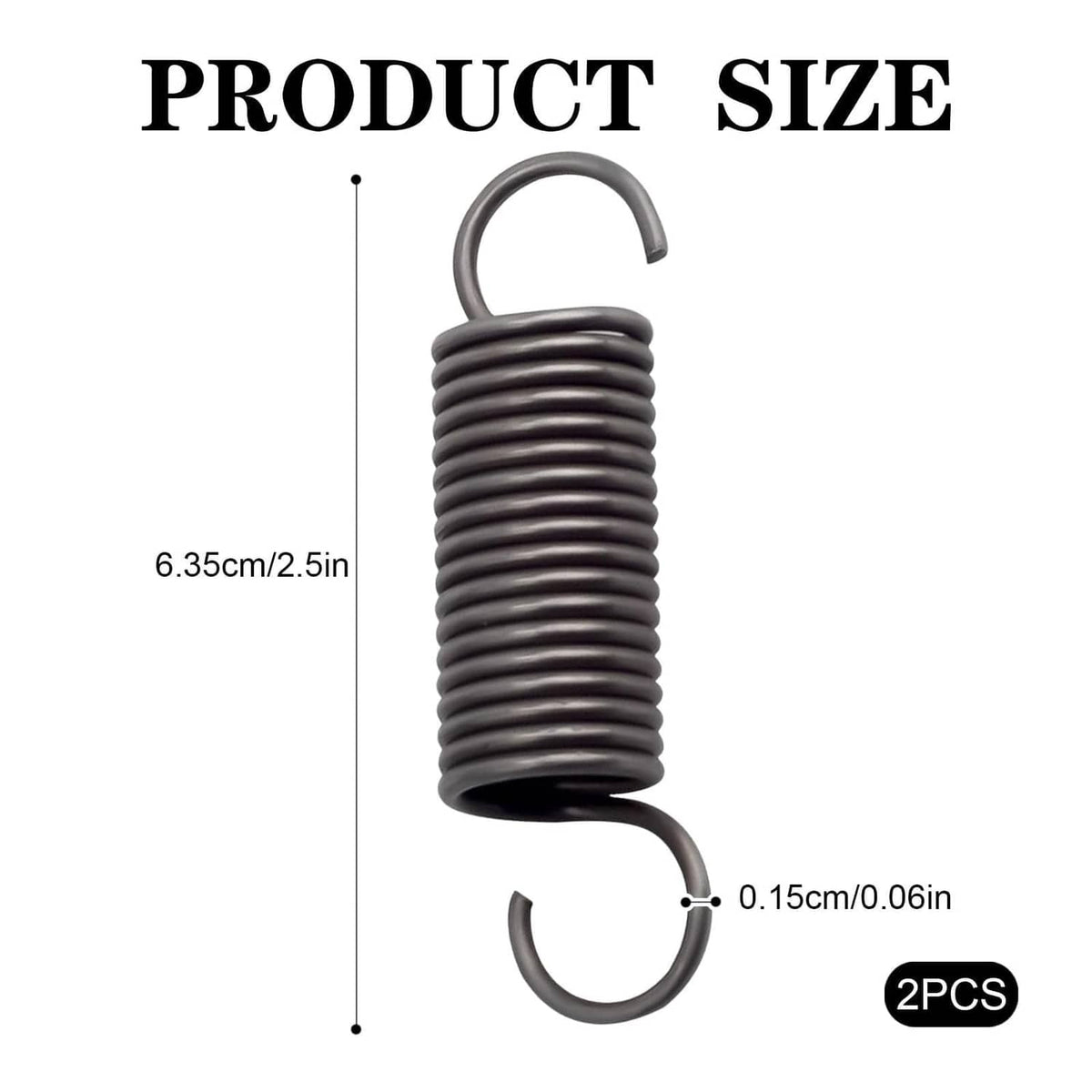2.5 in short hook tension coil spring, dark gray metal, with curved U-shaped eye