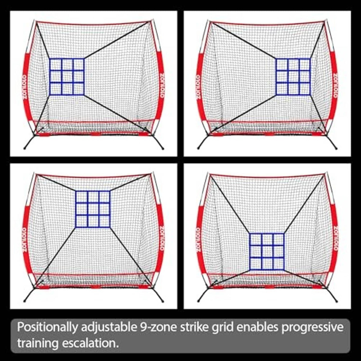 Portable baseball training net with adjustable 9-zone strike grid and red frame