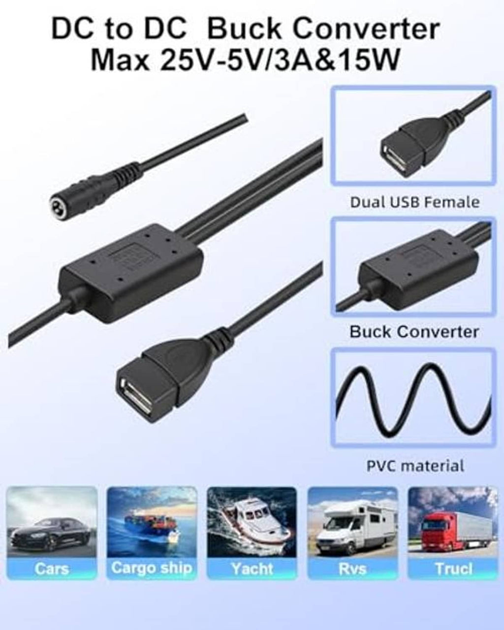 DC to DC buck converter with dual USB female and DC5521-style barrel plug diagram