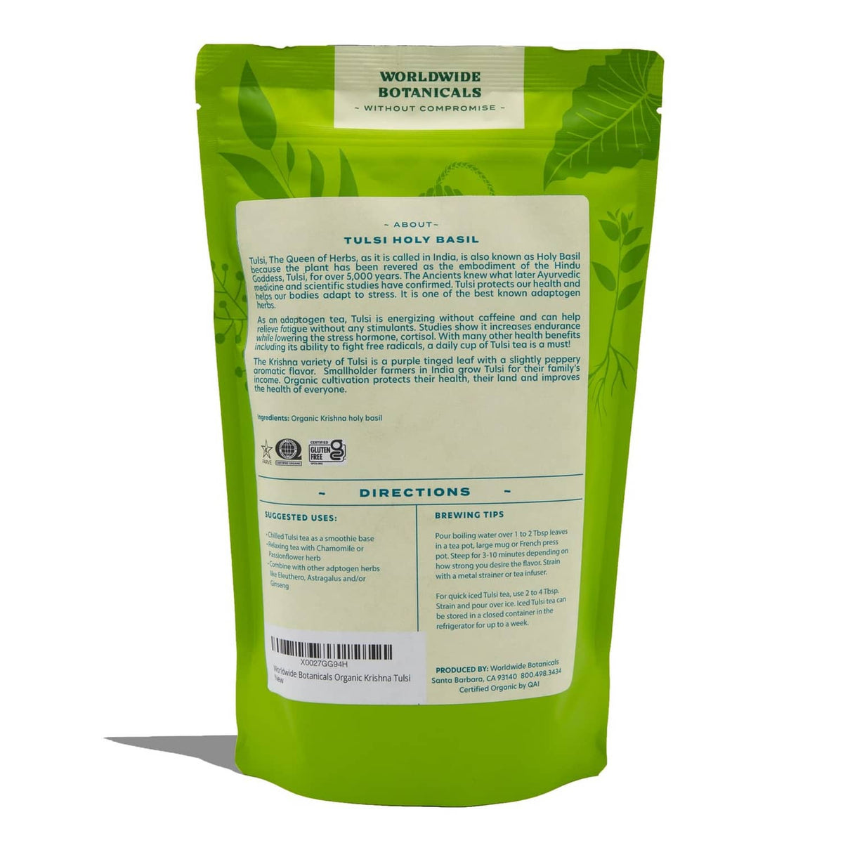 Krishna Tulsi organic tea back label with directions and ingredients on green pouch
