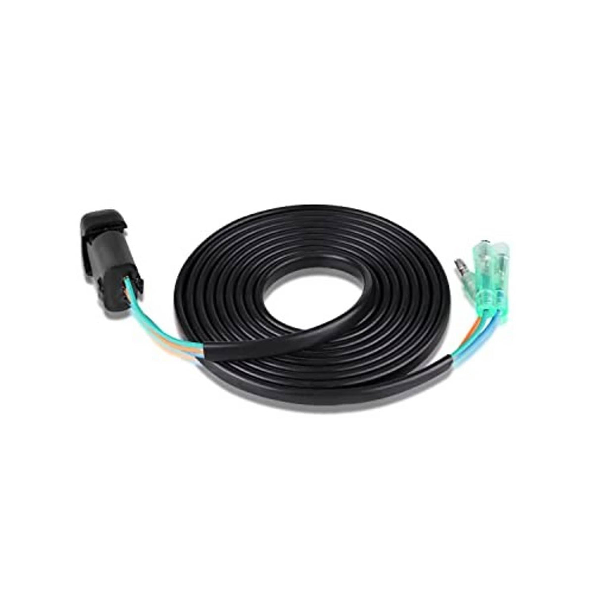 Outboard trim/tilt switch wiring harness with coiled black cable and two teal plugs