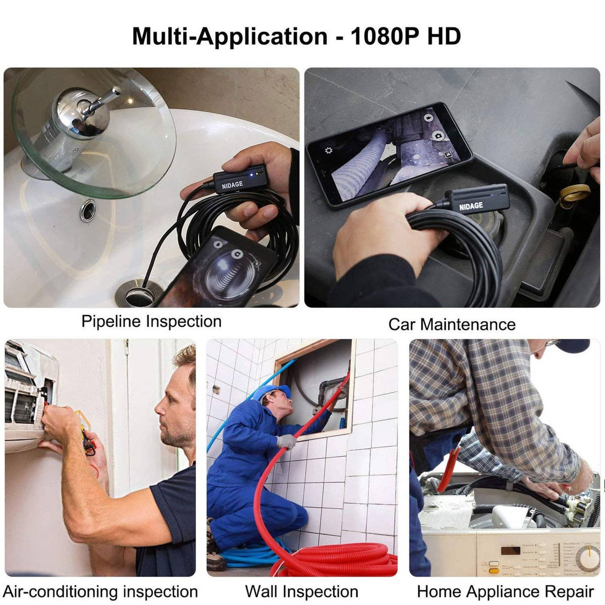 Wireless endoscope with camera display for inspecting car and home equipment, black cable