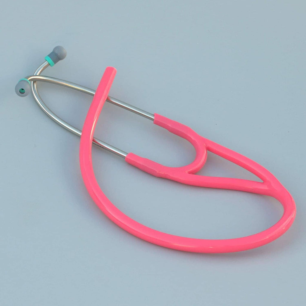 Red cardiology tubing set with metal stems and gray ear tips