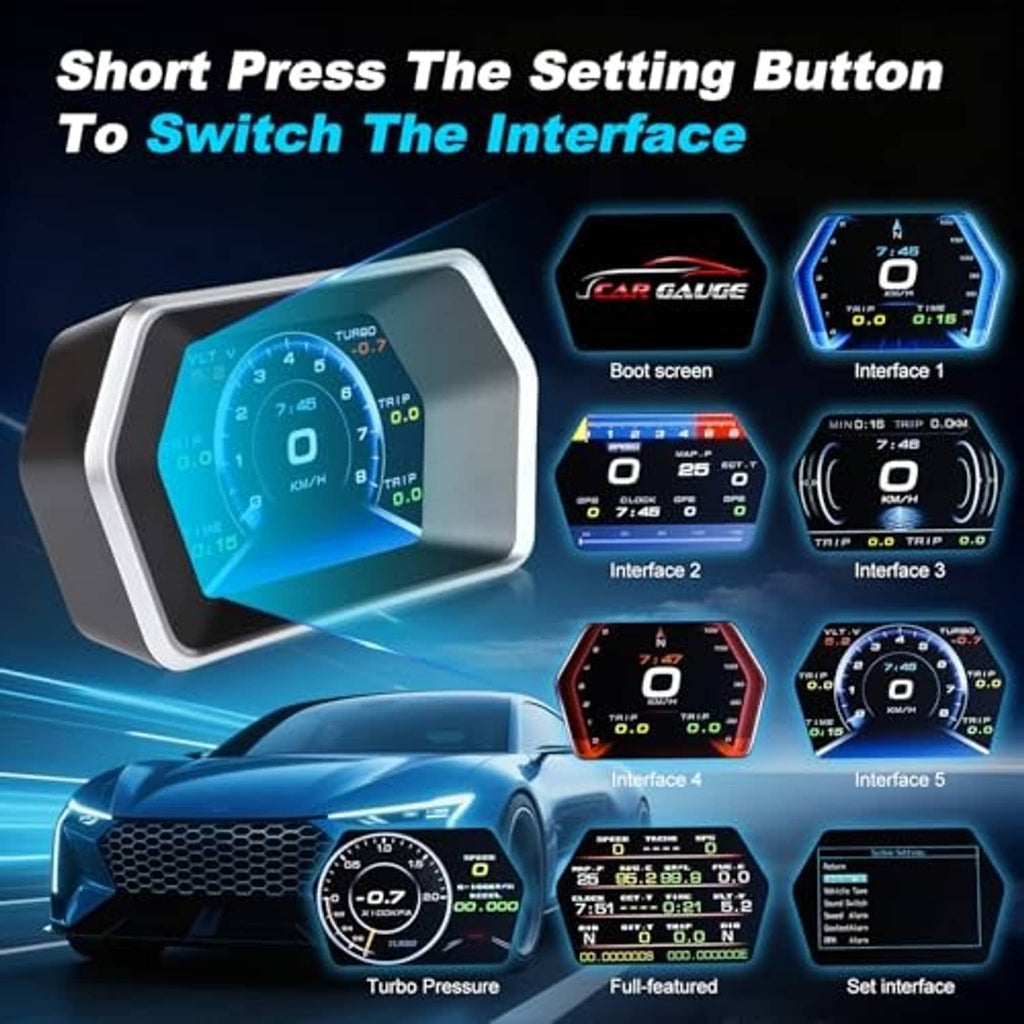 Car HUD display showing interface screens with speed gauge display
