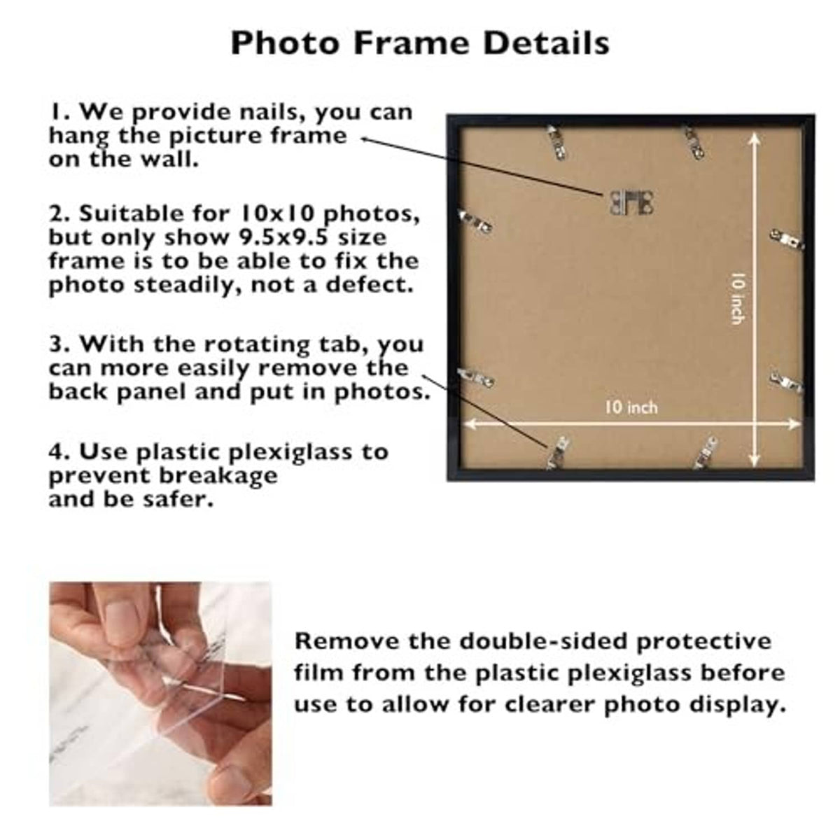Black photo frame details with rotating tab, wall hooks, and clear plastic plexiglass