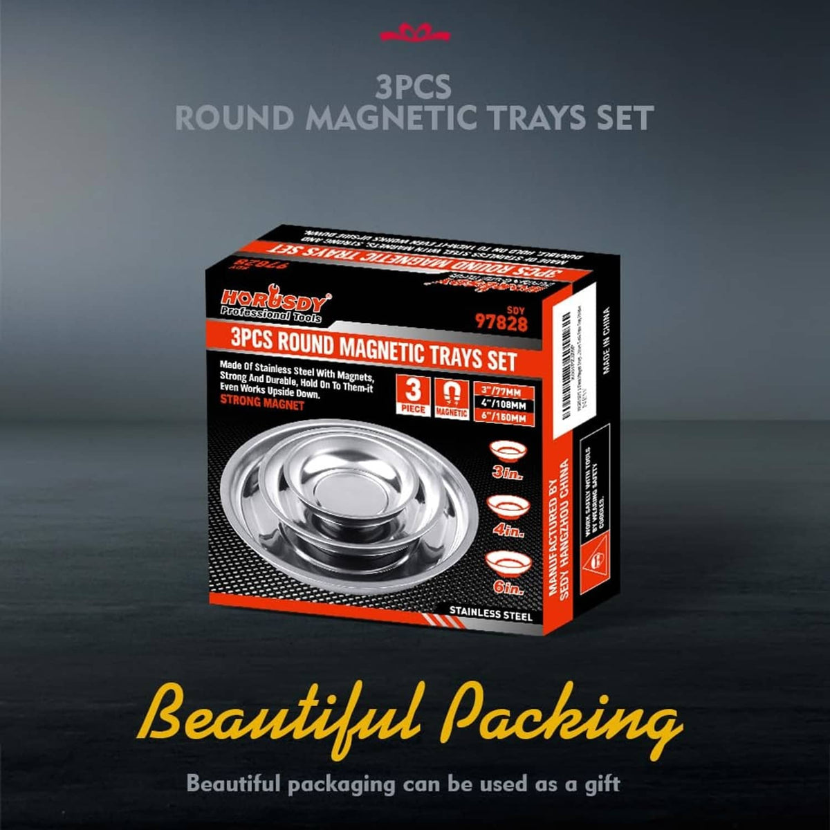 Horusdy 3PCS round magnetic tray set box with three stainless trays
